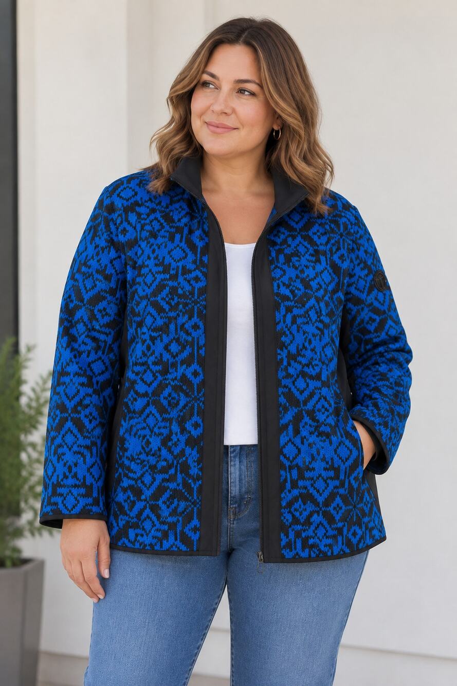 NEW! T by Talbots Plus 2X Blue Black Geometric Fleece Zip Jacket Long Sleeve